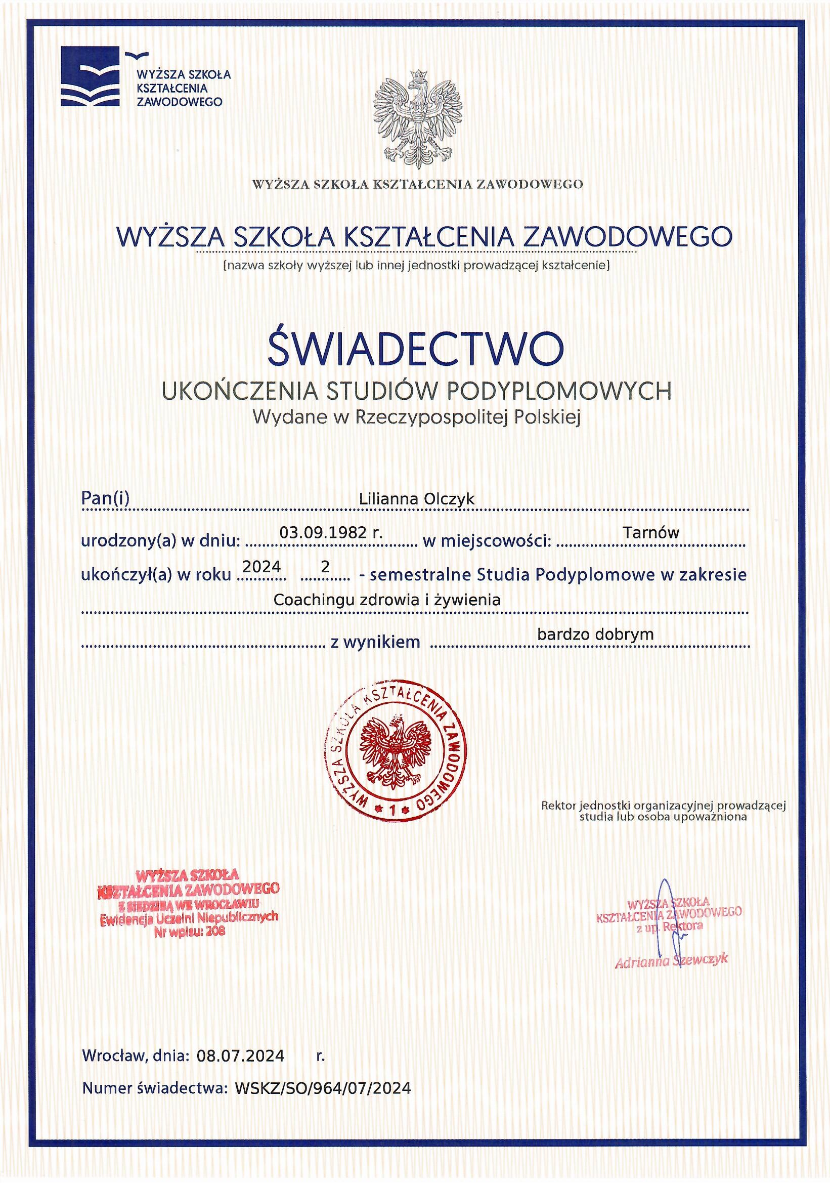 świadectwo coach zdrowia